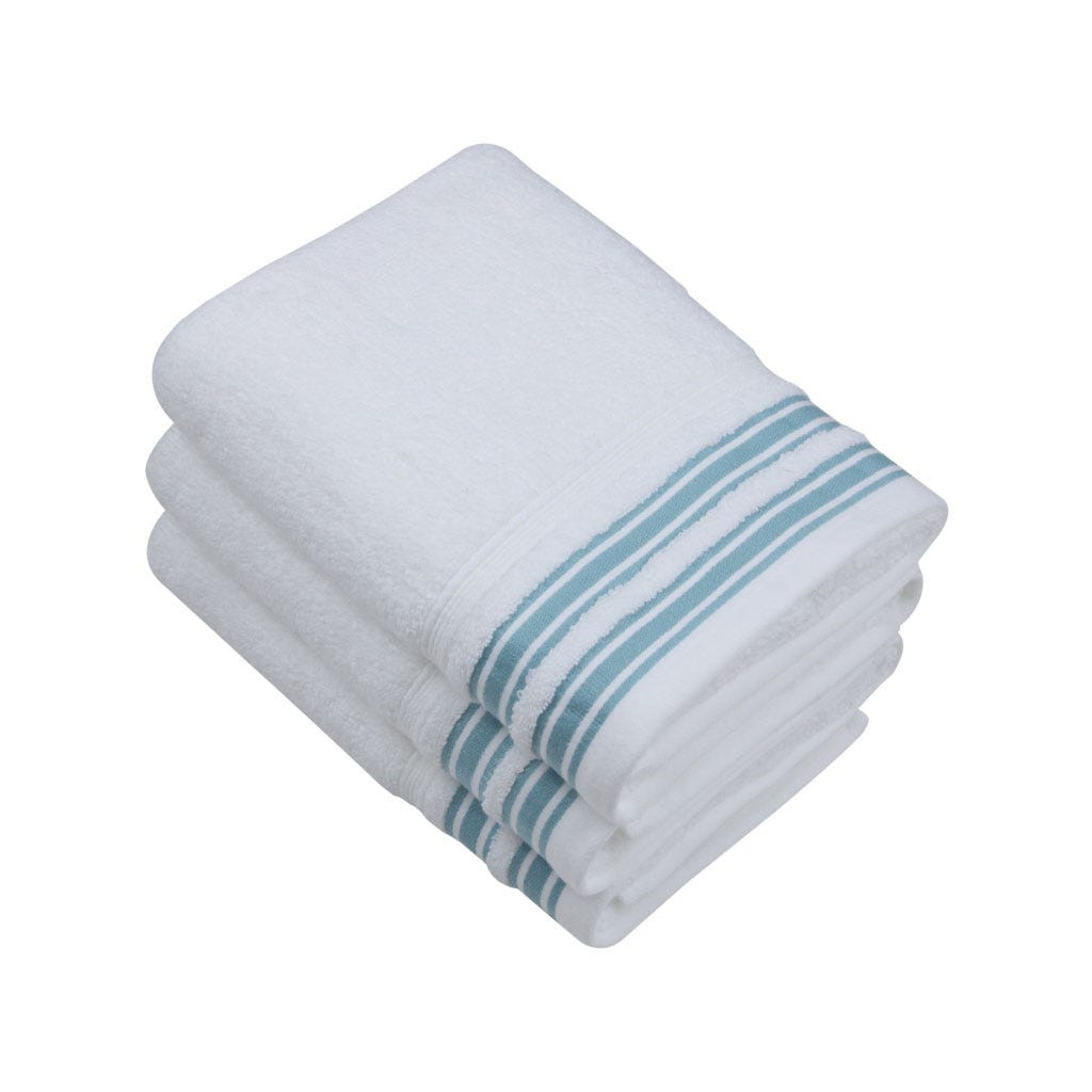 Toalla de mano blanca con detalle de líneas azul