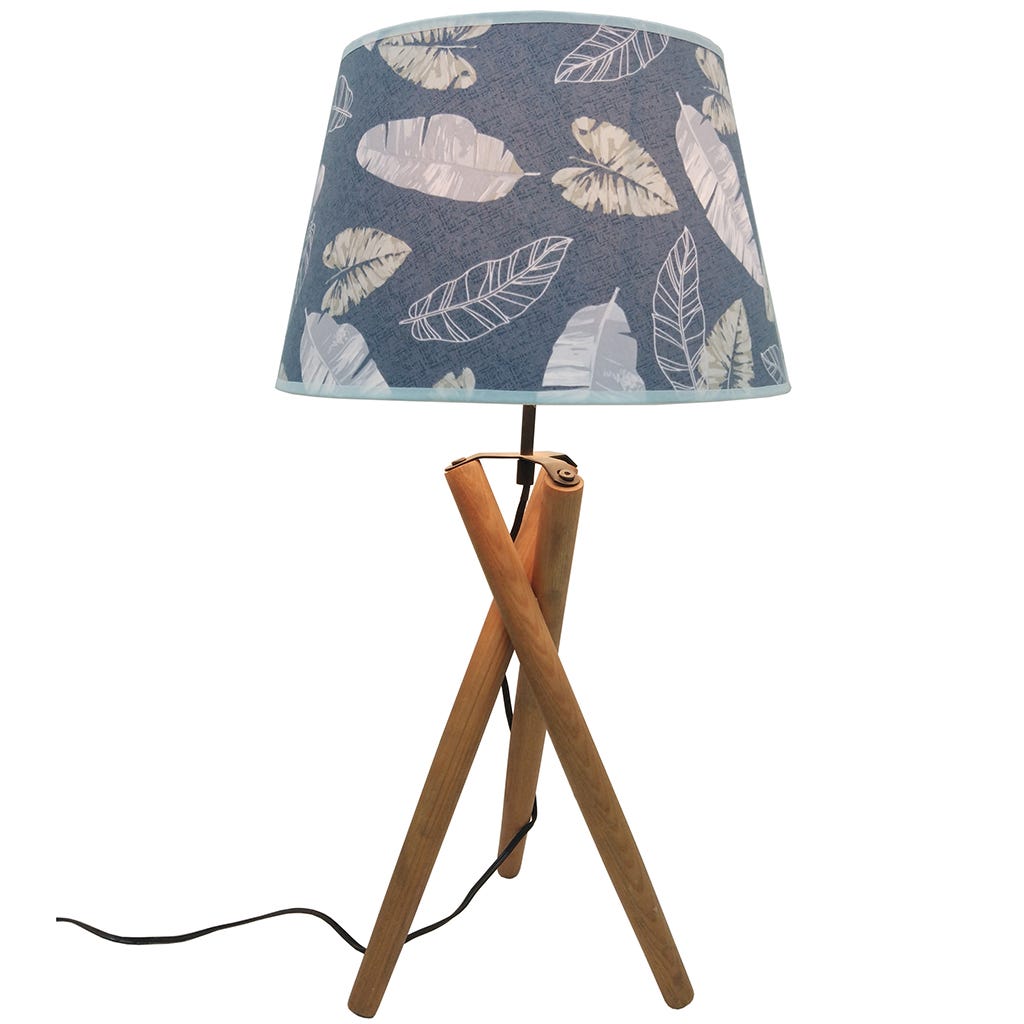 Lámpara de mesa con pantalla estampada azul de hojas