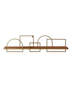 Estante flotante de madera con diseño geométrico de metal dorado