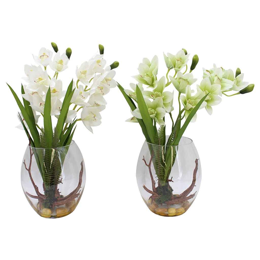 Flores artificiales de cymbidium en pote de vidrio surtidos