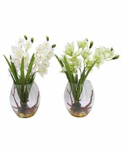 Flores artificiales de cymbidium en pote de vidrio surtidos