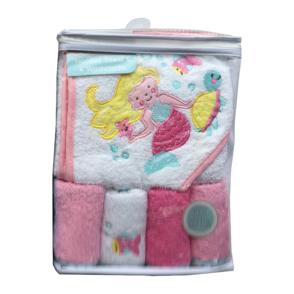 Set de Toalla Rosa Con Capucha +4 Toallitas Para Niña Bebé
