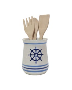 Set De 4 Utensilios Con Soporte Blanco Estampado De Ancla