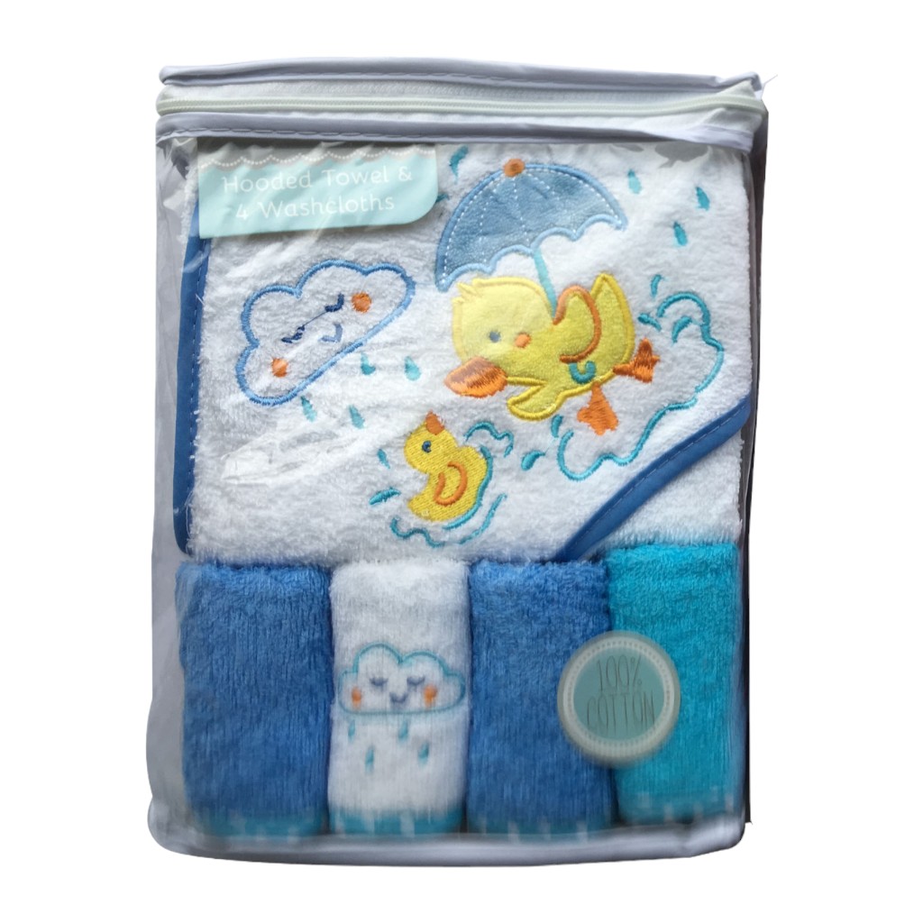 Set de Toalla Azul Con Capucha +4 Toallitas Para Niño Bebé