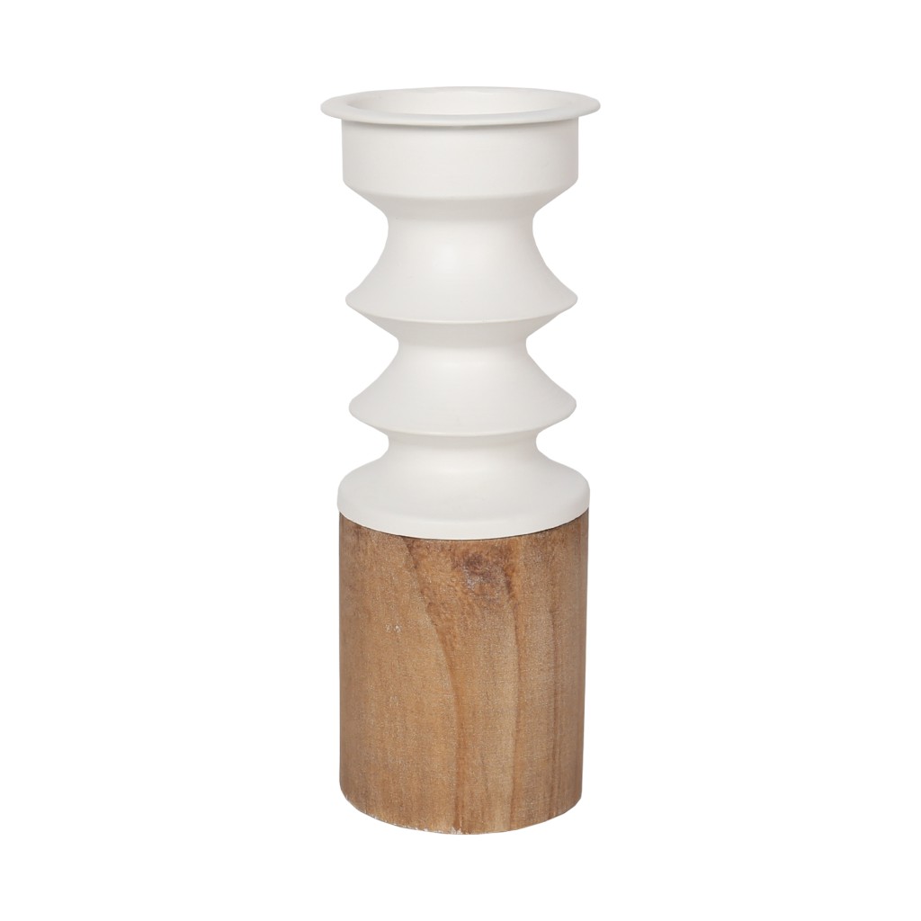 Candelabro Blanco Con Base De Madera 10.5X28Cm