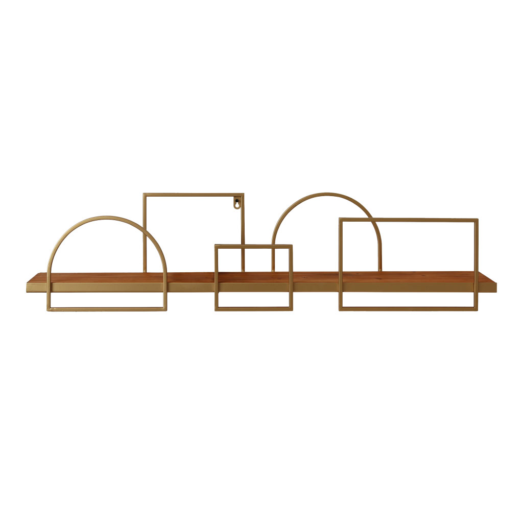 Estante flotante de madera con diseño geométrico de metal dorado