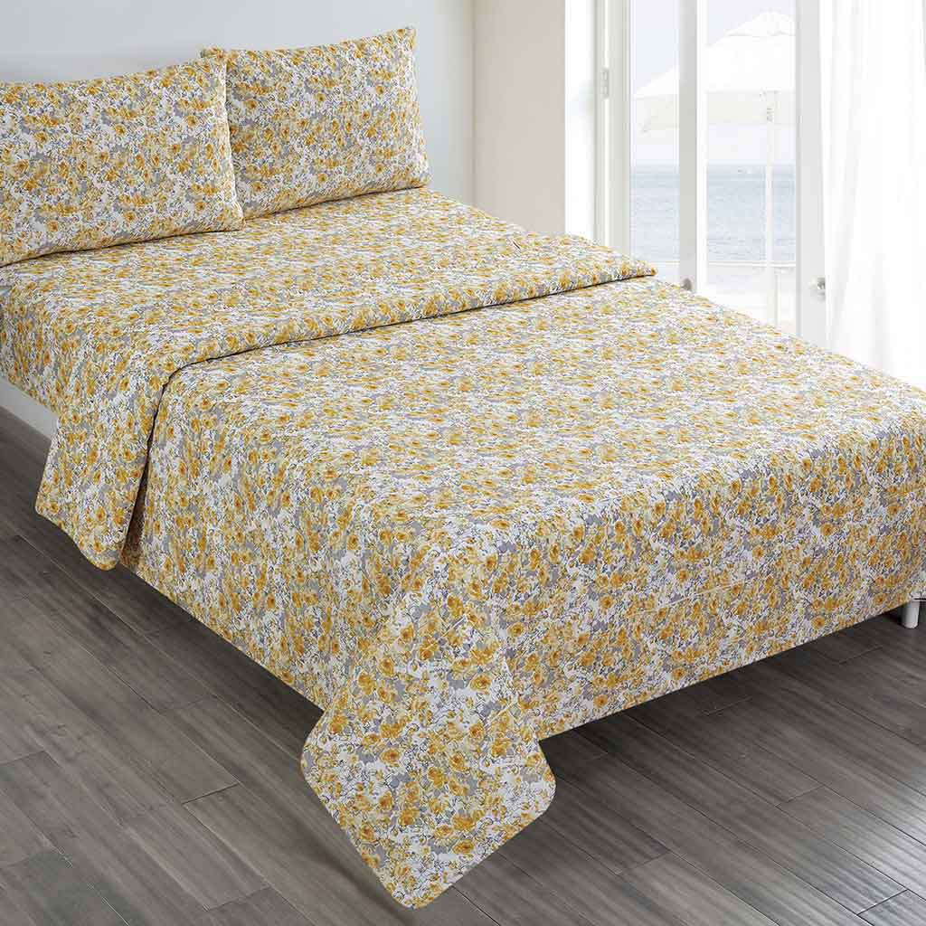 Juego De Sabanas Estampado Floral Amarillo Full