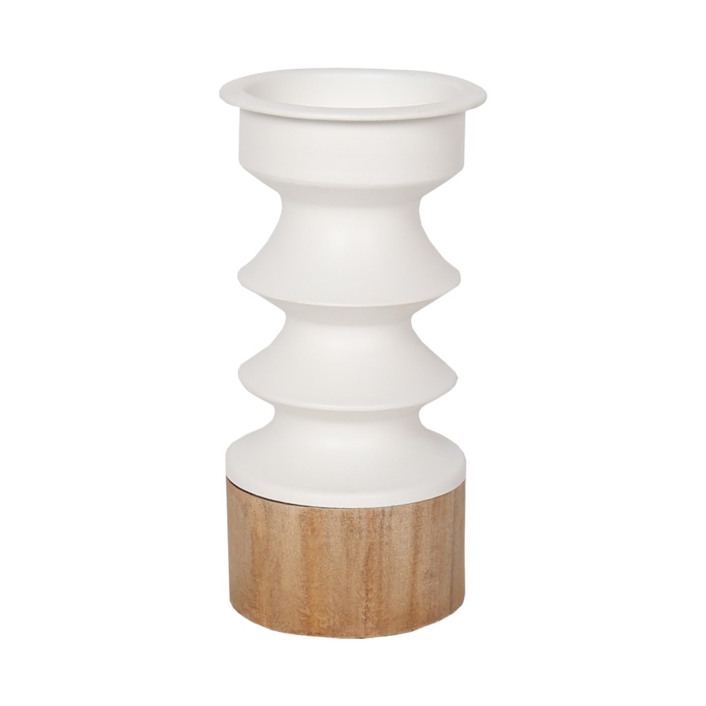 Candelabro Blanco Con Base De Madera 10.5X21Cm