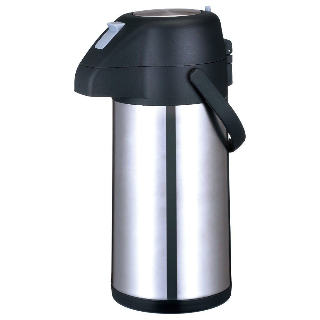 Botella para café plateado de acero inoxidable con 1.9 litros.
